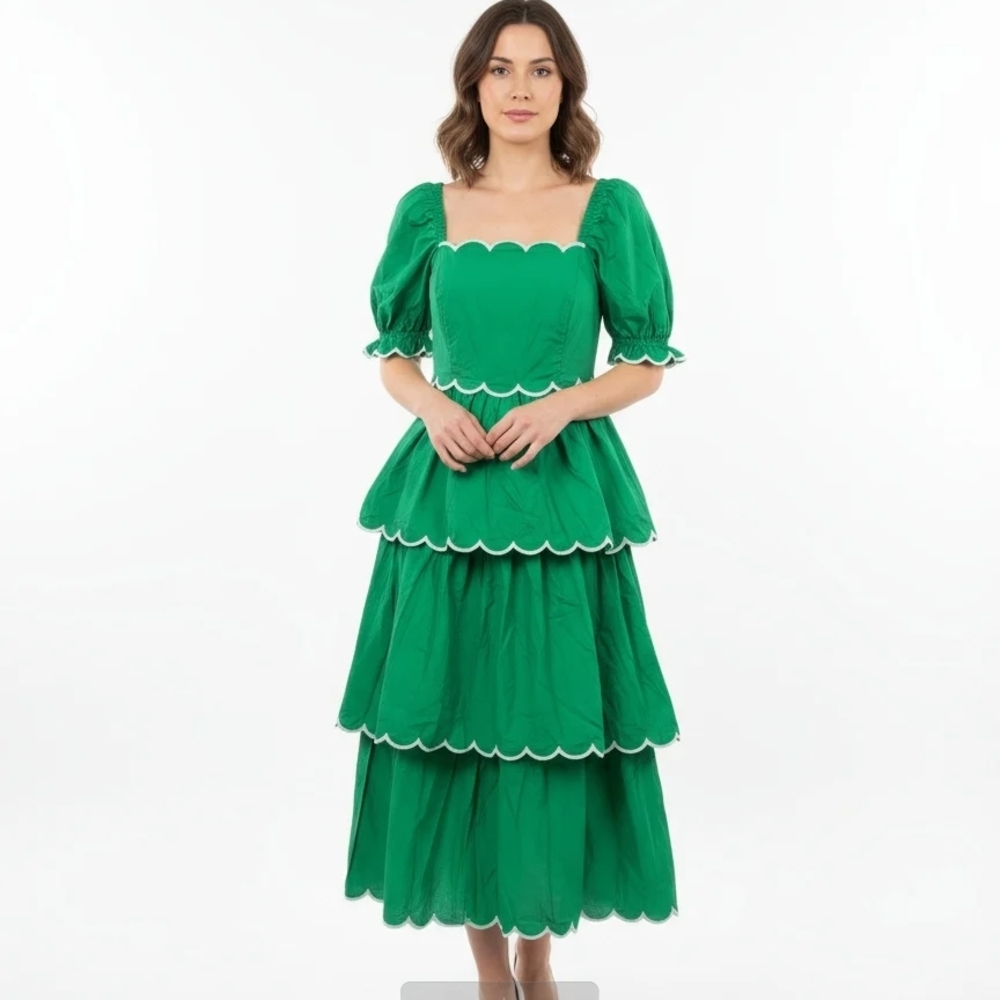 English Factory Green Scalloped Midi Dress